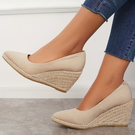 Women's Solid Color Wedge Heels, Closed Toe Slip On Platform Espadrilles Sandals, Casual & Lightweight Shoes