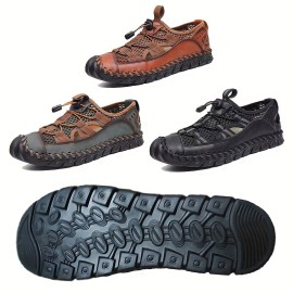 Men's Trendy No Tie Lace Free Breathable Mesh Sandals With Adjustable Draw String, Casual Outdoor Walking Shoes With Assorted Colors