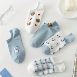 5 Pairs Cute Bear & Heart Print Socks, Breathable & Comfy Low Cut Ankle Socks, Women's Stockings & Hosiery