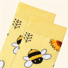 Music Festival Cartoon Bee Print Socks, Comfy & Cute Mid Tube Socks, Women's Stockings & Hosiery