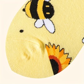 Music Festival Cartoon Bee Print Socks, Comfy & Cute Mid Tube Socks, Women's Stockings & Hosiery