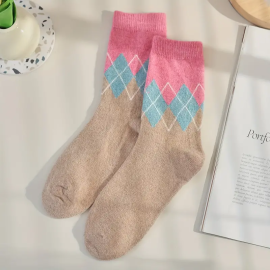 3 Pairs Colorblock Argyle Socks, Comfy & Breathable Mid Tube Socks, Women's Stockings & Hosiery