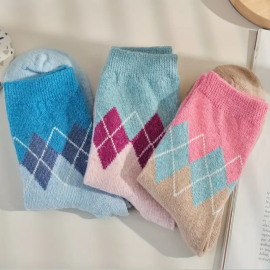 3 Pairs Colorblock Argyle Socks, Comfy & Breathable Mid Tube Socks, Women's Stockings & Hosiery