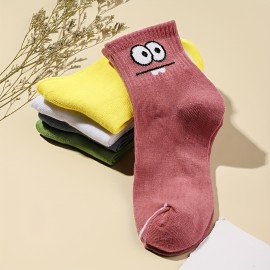 5 Pairs Cartoon Eyes Print Socks, Comfy & Cute Mid Tube Socks, Women's Stockings & Hosiery