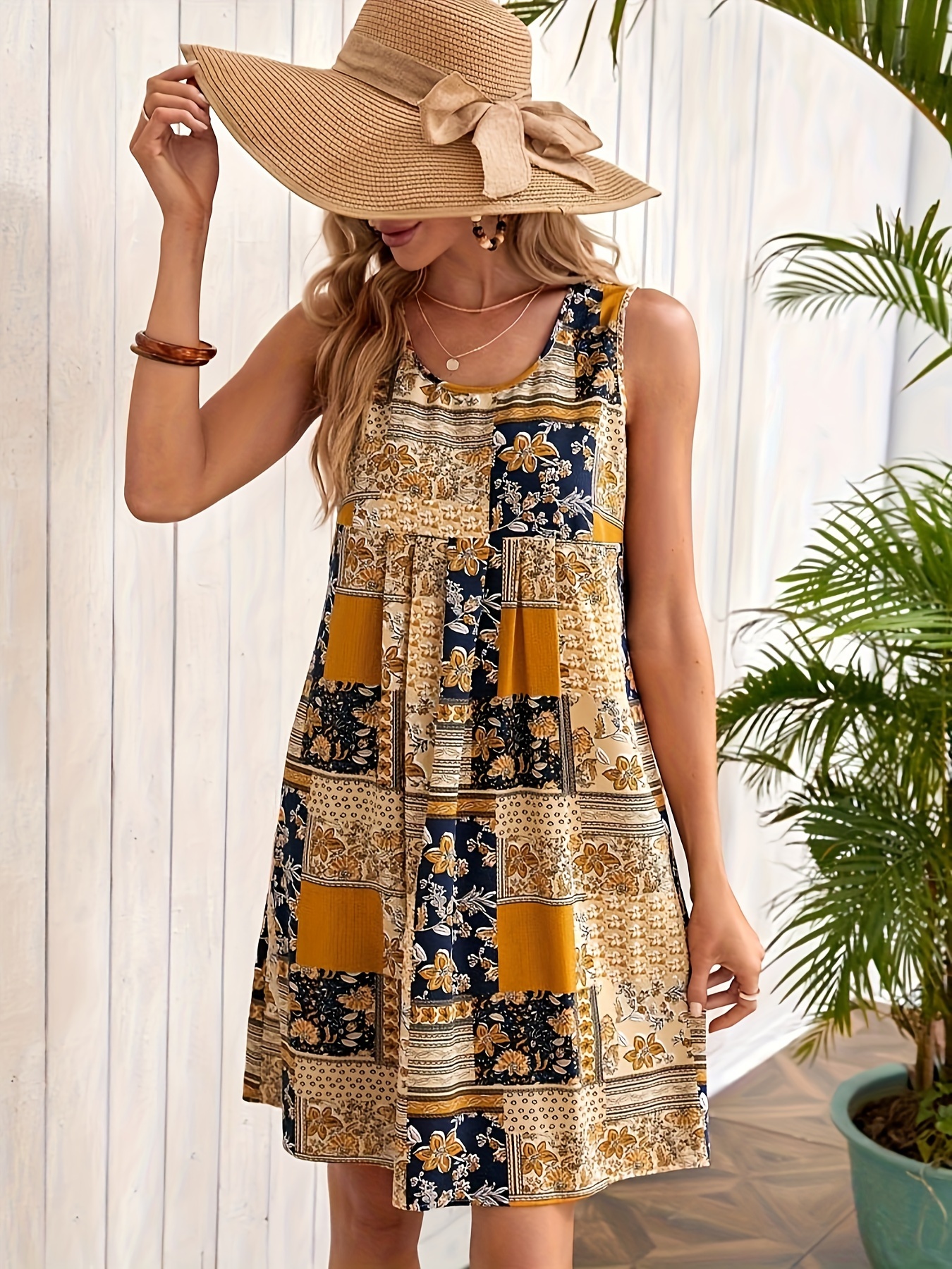 patchwork print crew neck dress vacation style sleeveless dress for spring summer womens clothing details 2