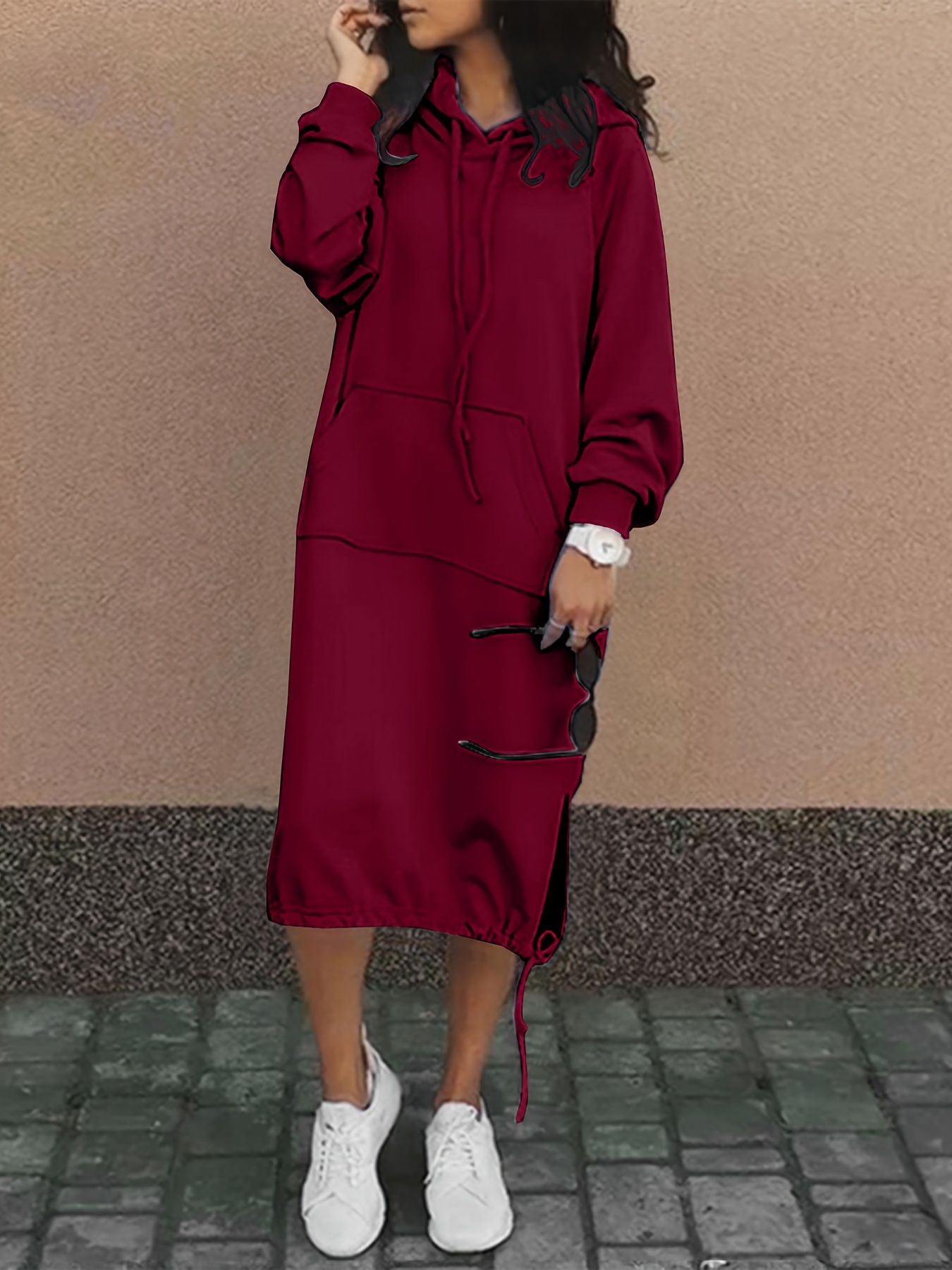 drawstring split hooded dress casual solid long sleeve midi dress womens clothing details 20