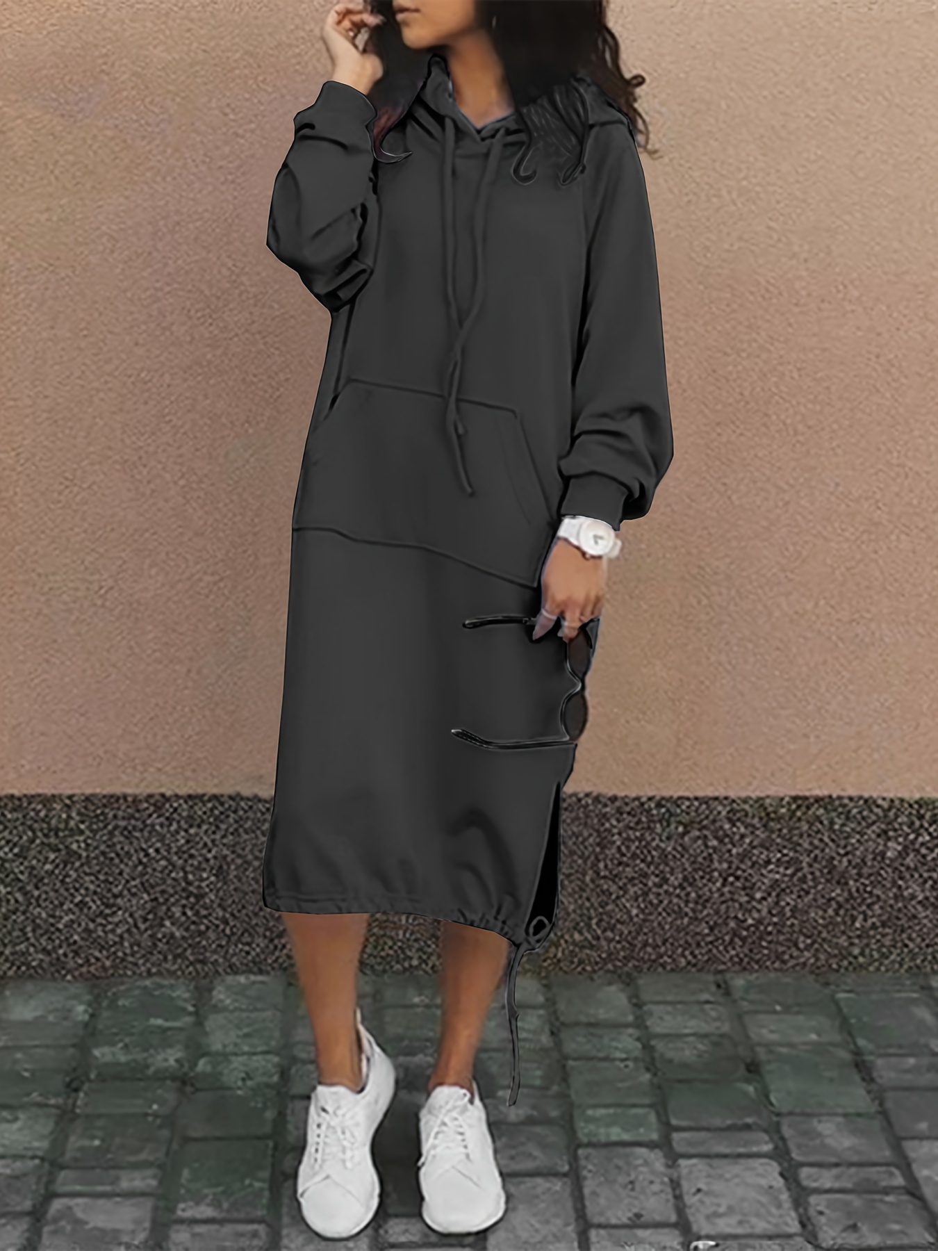 drawstring split hooded dress casual solid long sleeve midi dress womens clothing details 25