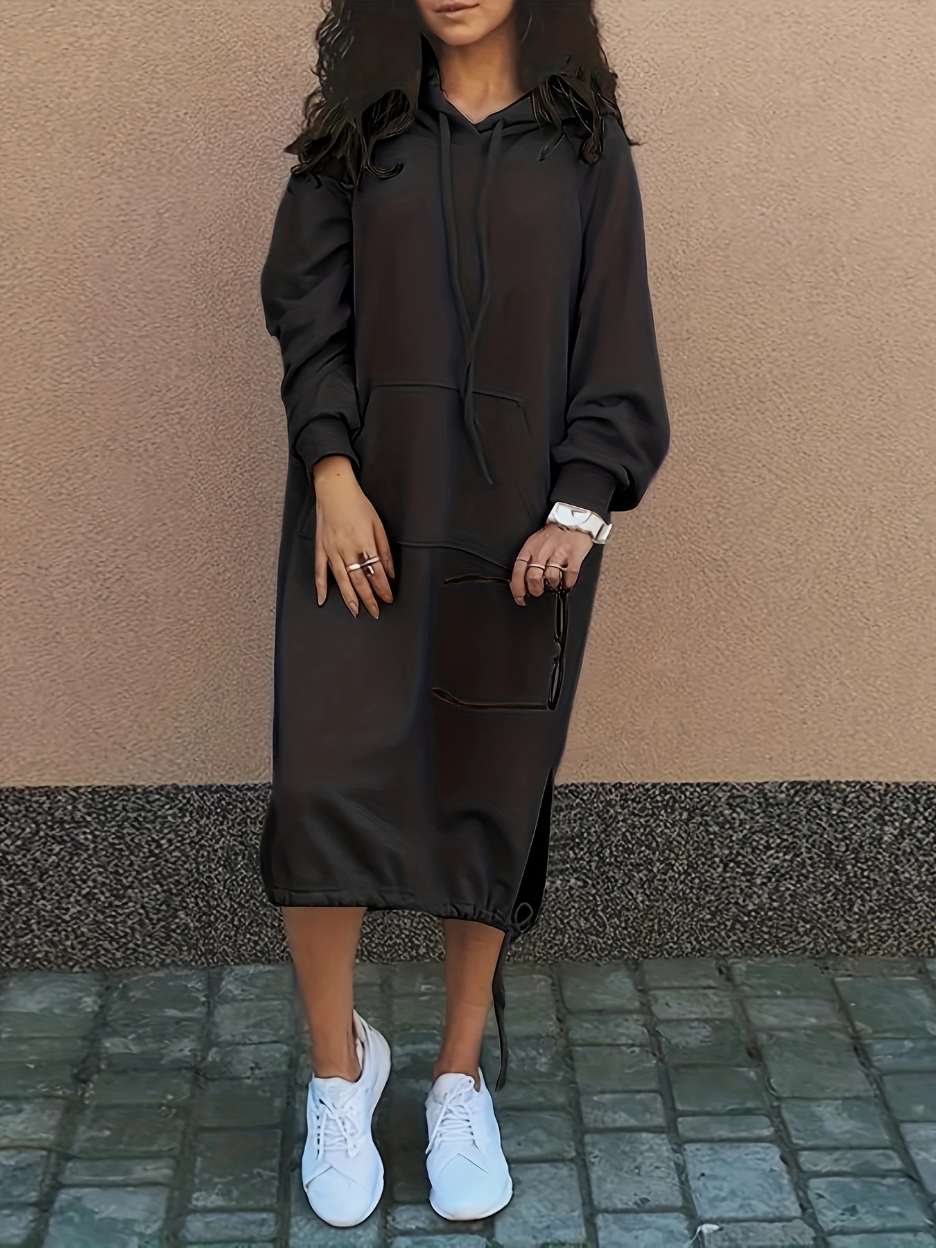 drawstring split hooded dress casual solid long sleeve midi dress womens clothing details 32