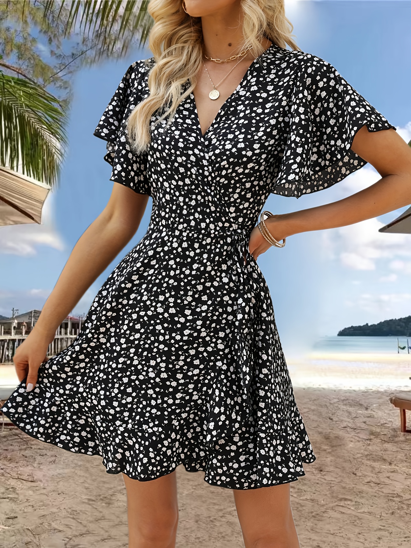 floral print ruffle hem wrap dress sexy short sleeve v neck dress for spring summer womens clothing details 3