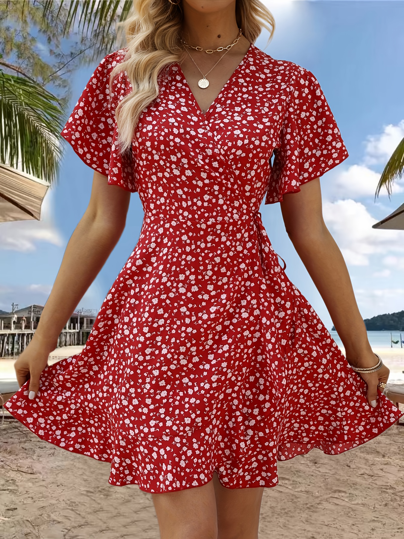 floral print ruffle hem wrap dress sexy short sleeve v neck dress for spring summer womens clothing details 5