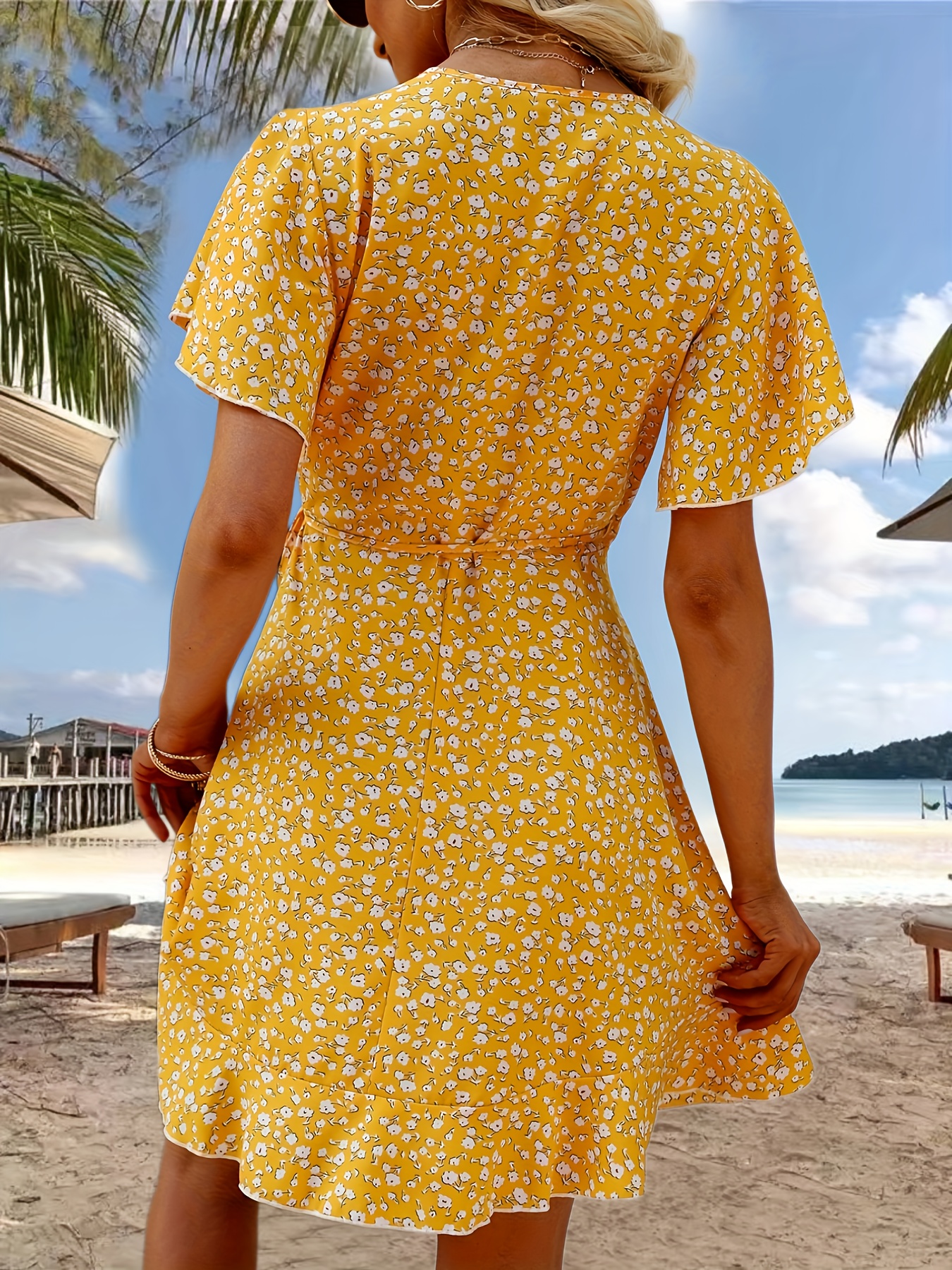 floral print ruffle hem wrap dress sexy short sleeve v neck dress for spring summer womens clothing details 10