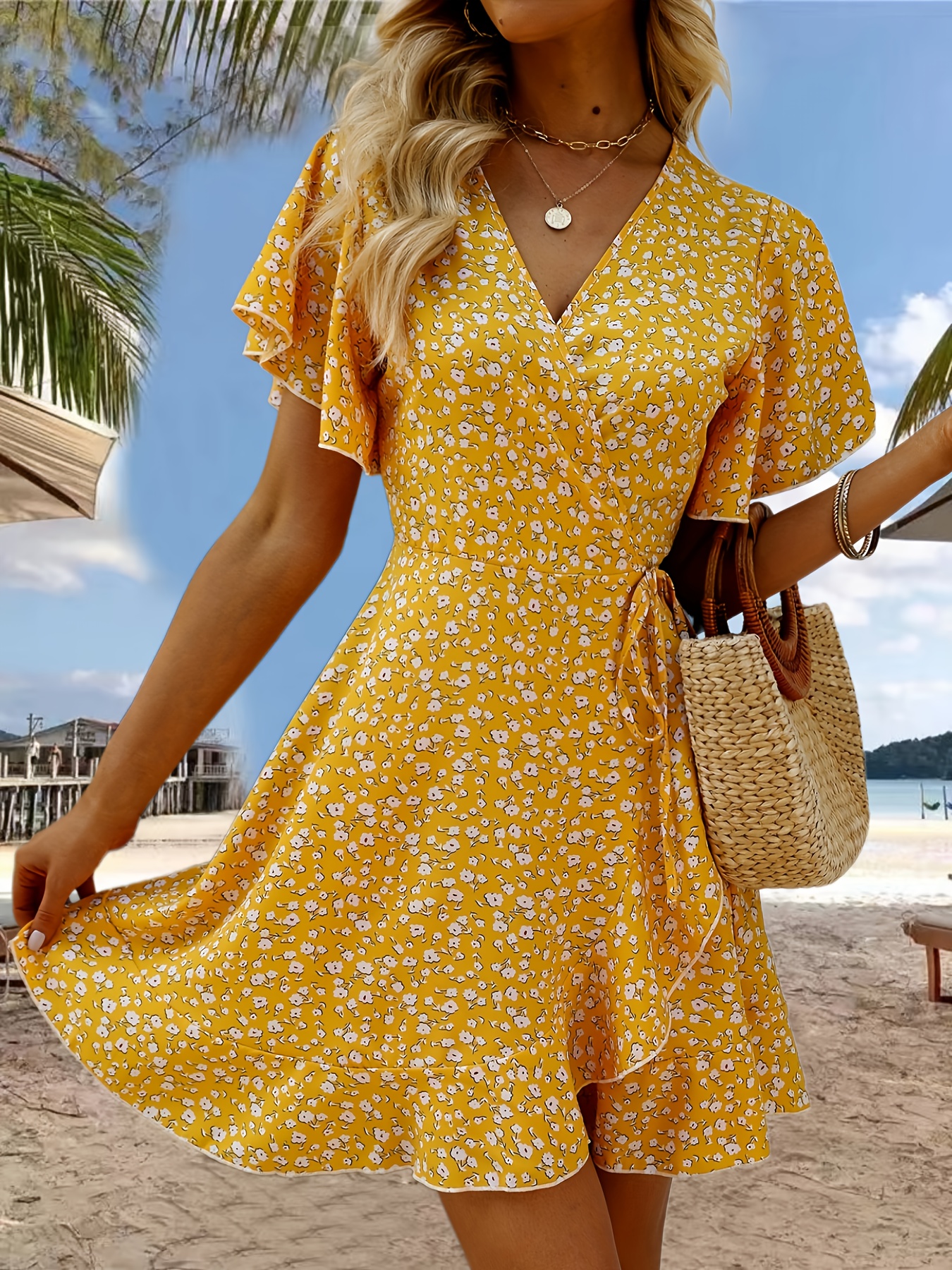 floral print ruffle hem wrap dress sexy short sleeve v neck dress for spring summer womens clothing details 12