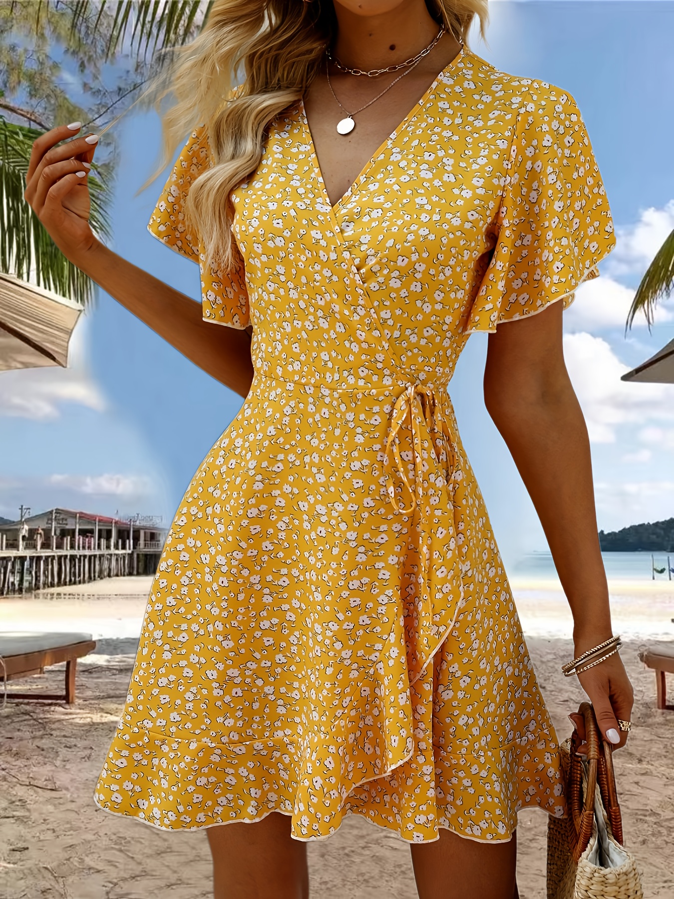 floral print ruffle hem wrap dress sexy short sleeve v neck dress for spring summer womens clothing details 14