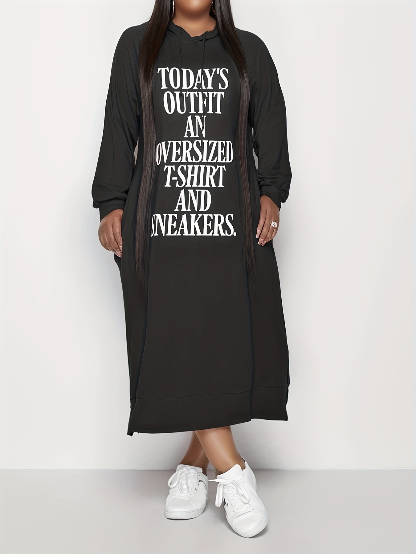 letter print hooded dress casual drawstring long sleeve dress womens clothing details 18