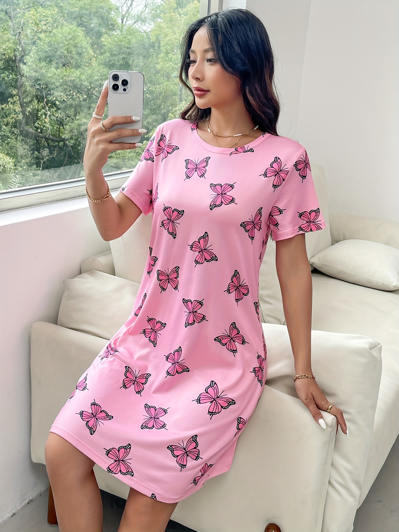 butterfly print crew neck dress casual short sleeve dress for spring summer womens clothing details 2