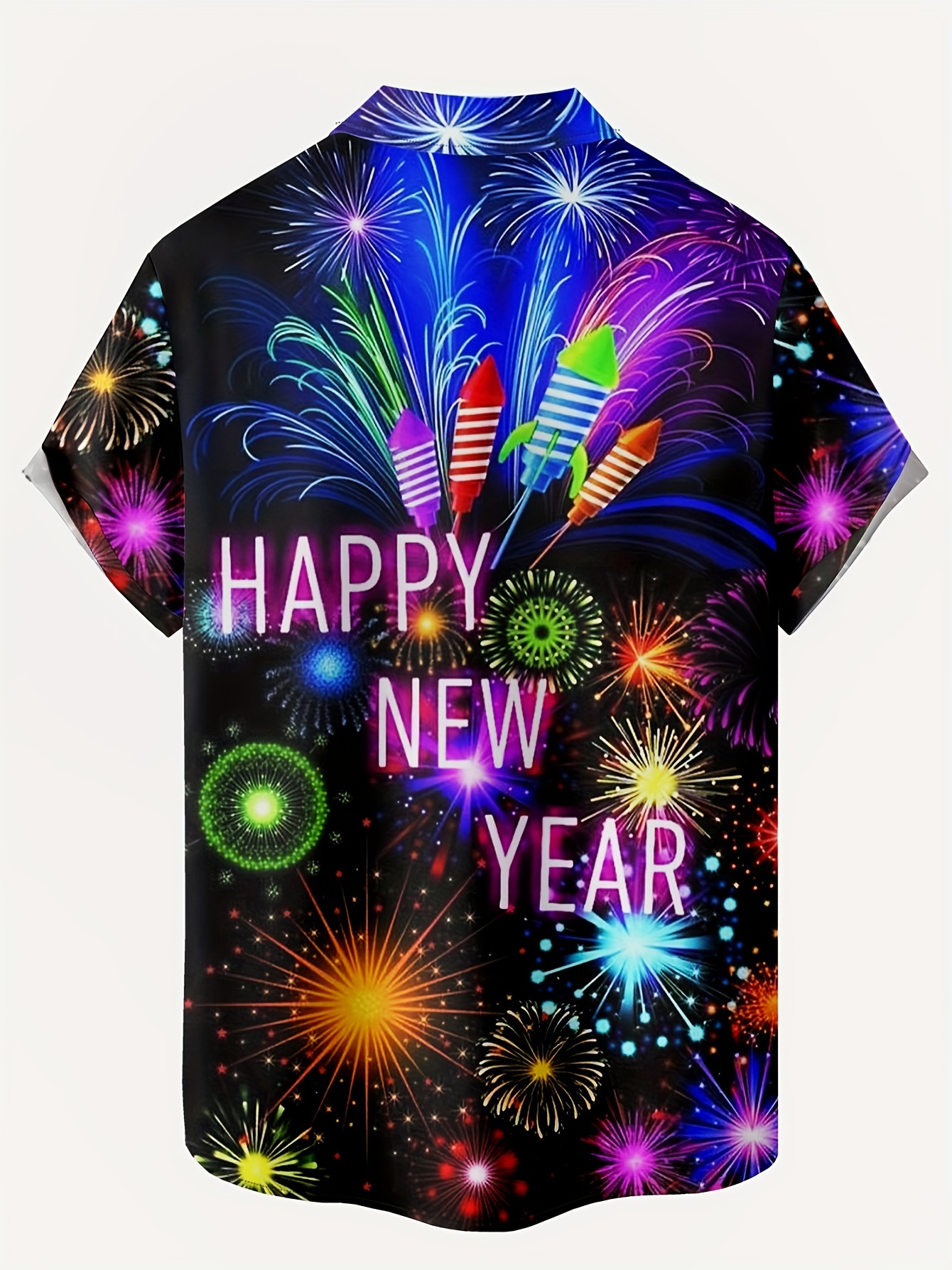 firework letter pattern mens trendy short sleeve lapel shirt summer holiday new year gift details 0