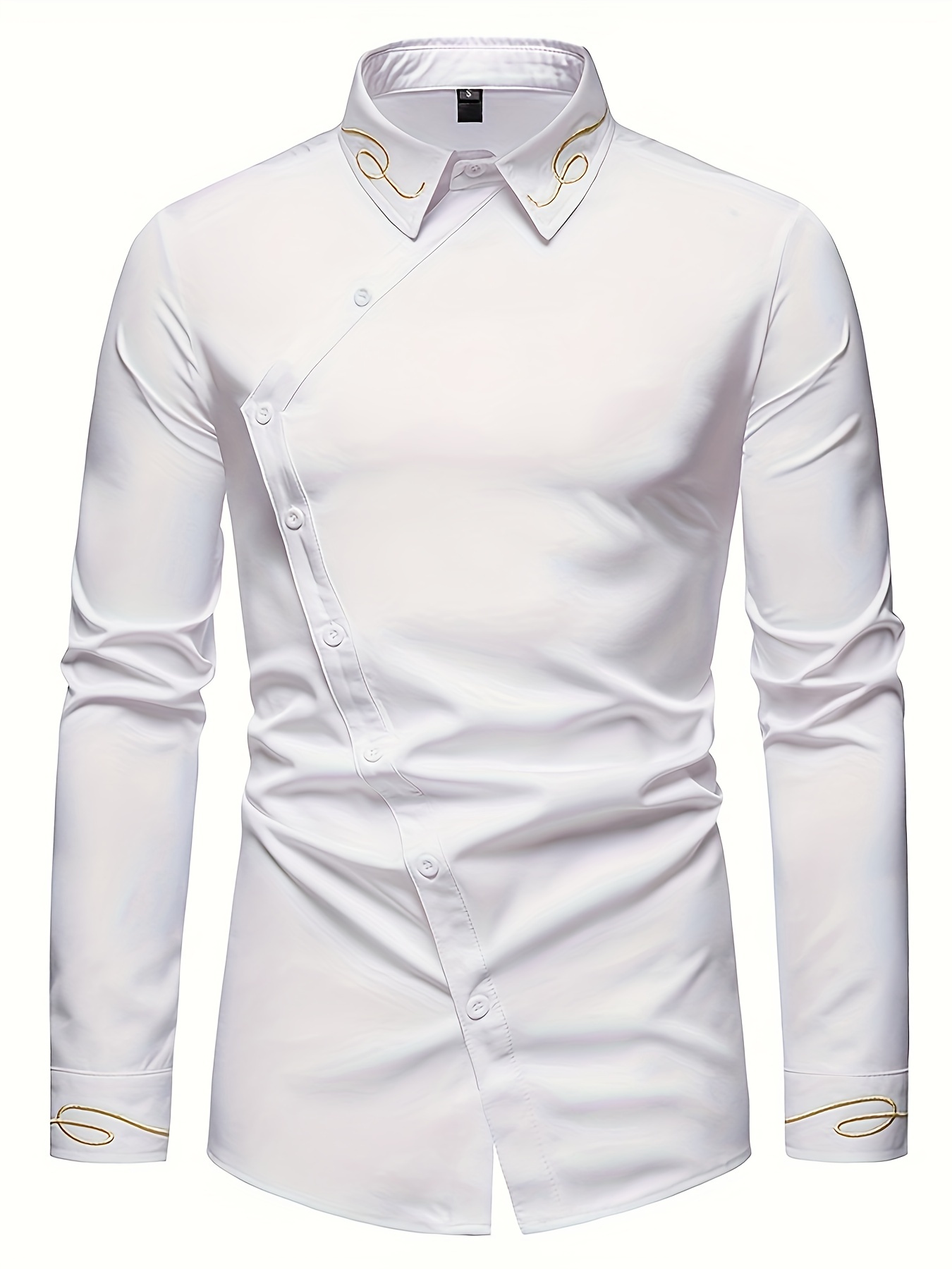 embroidery design mens stylish asymmetrical slim long sleeve single breast shirt with button banquet wedding details 10