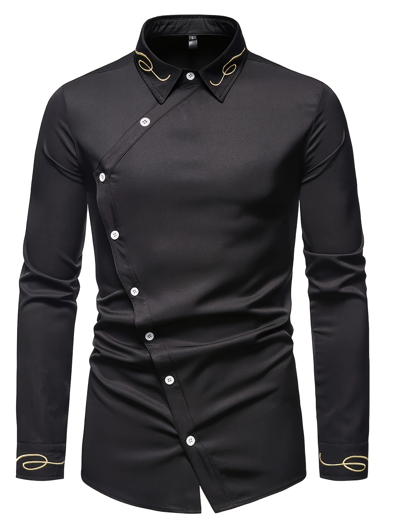 embroidery design mens stylish asymmetrical slim long sleeve single breast shirt with button banquet wedding details 16