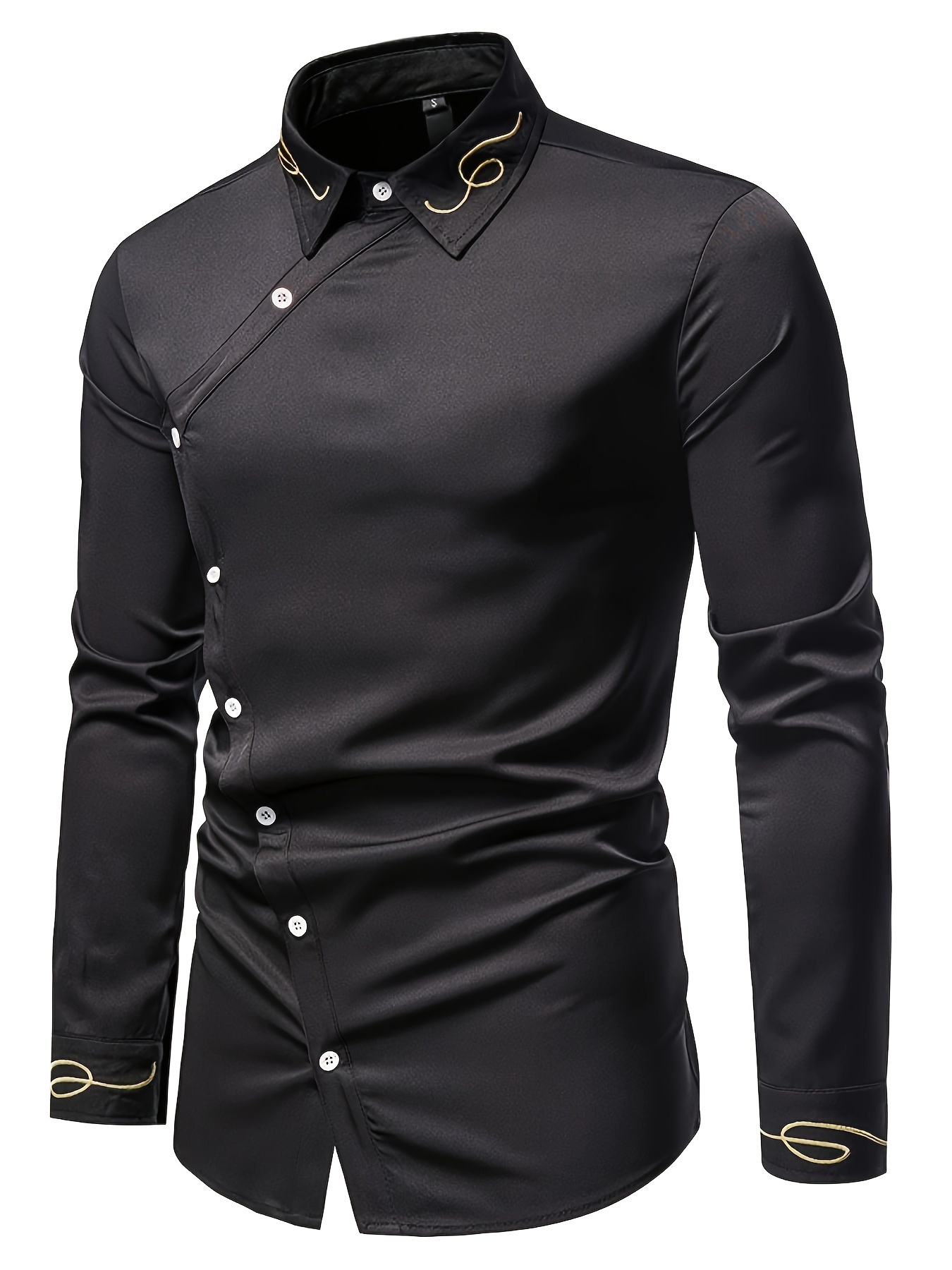 embroidery design mens stylish asymmetrical slim long sleeve single breast shirt with button banquet wedding details 17