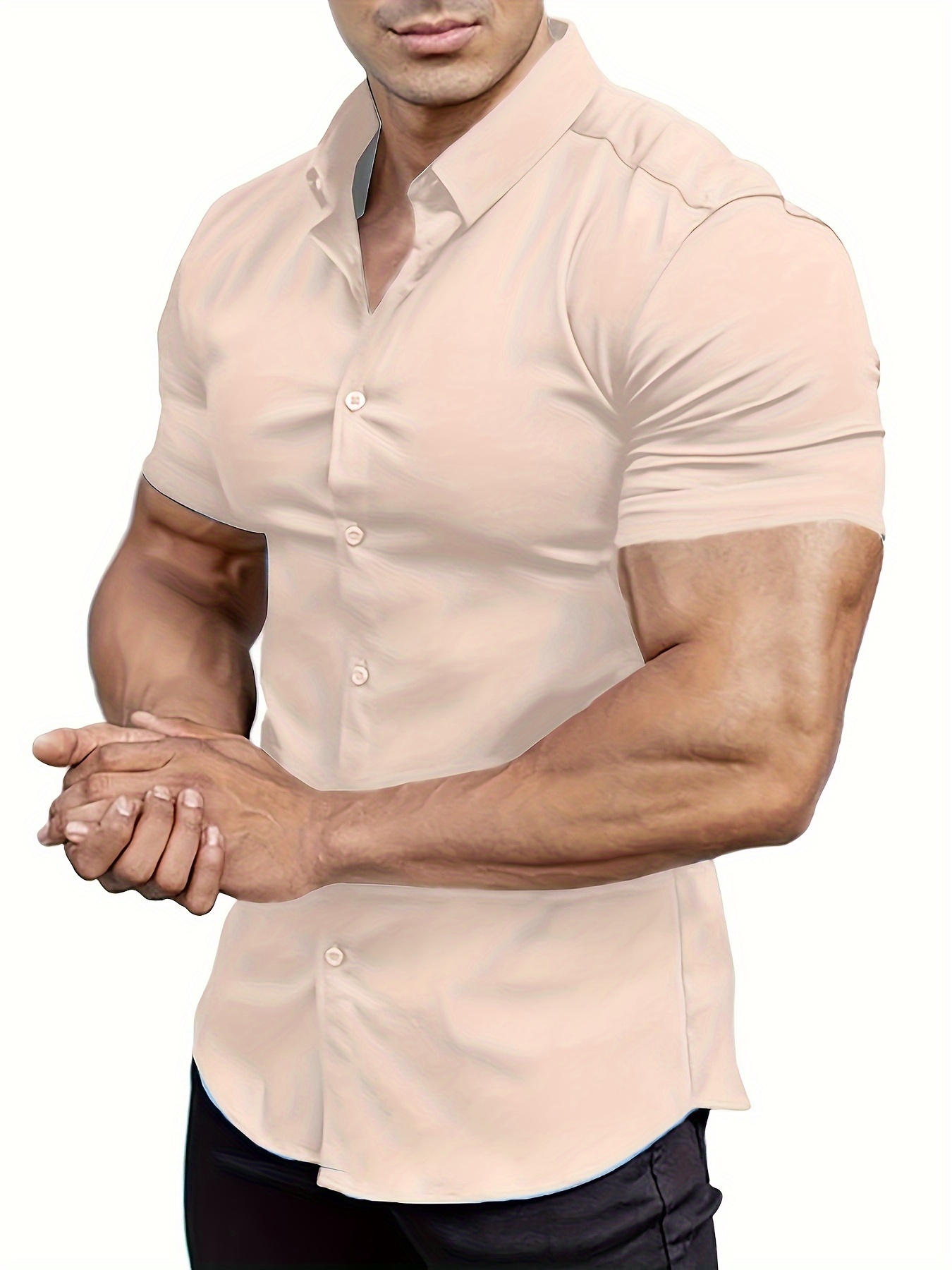 solid slim fit mens cotton blend short sleeve button down shirt summer outdoor fitness workout details 10