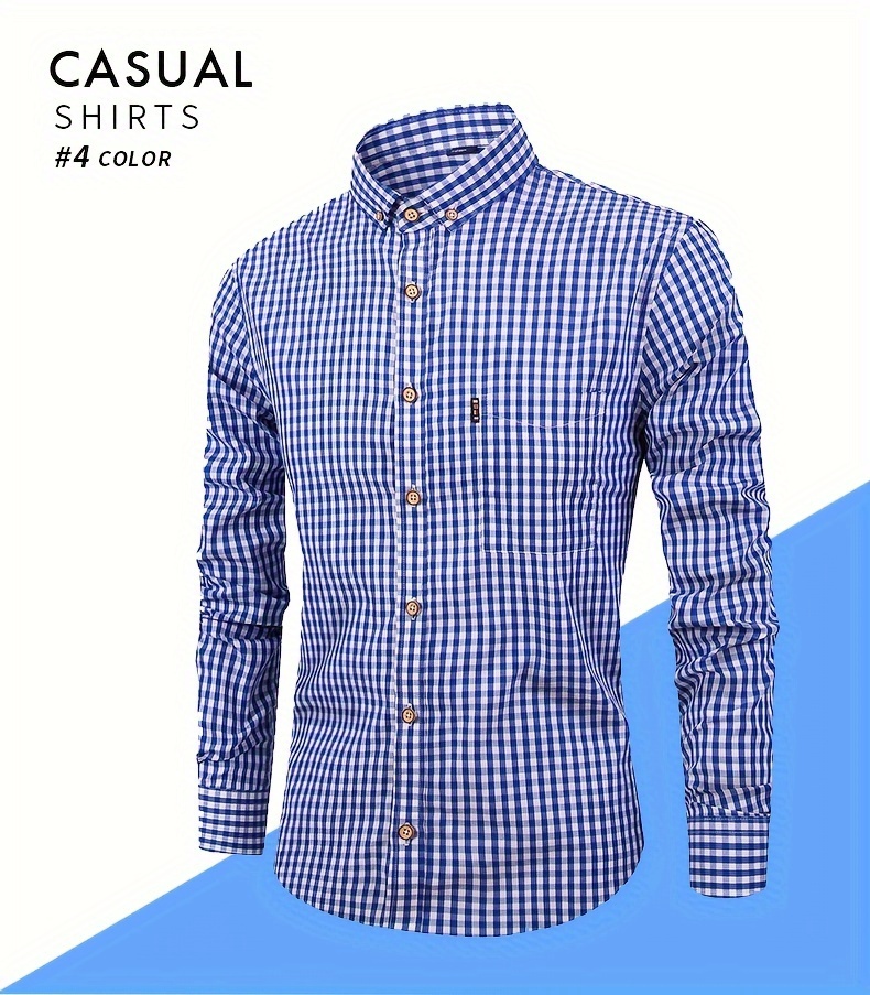 mens stylish checkered pattern shirt casual breathable lapel button up long sleeve shirt top for city walk street hanging outdoor activities details 0