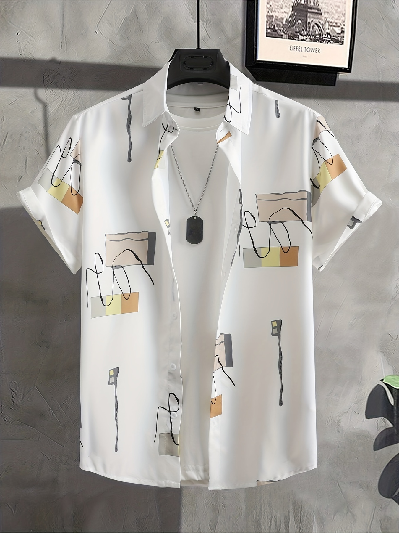 stylish pattern mens casual daily short sleeve button up shirt summer holiday details 1