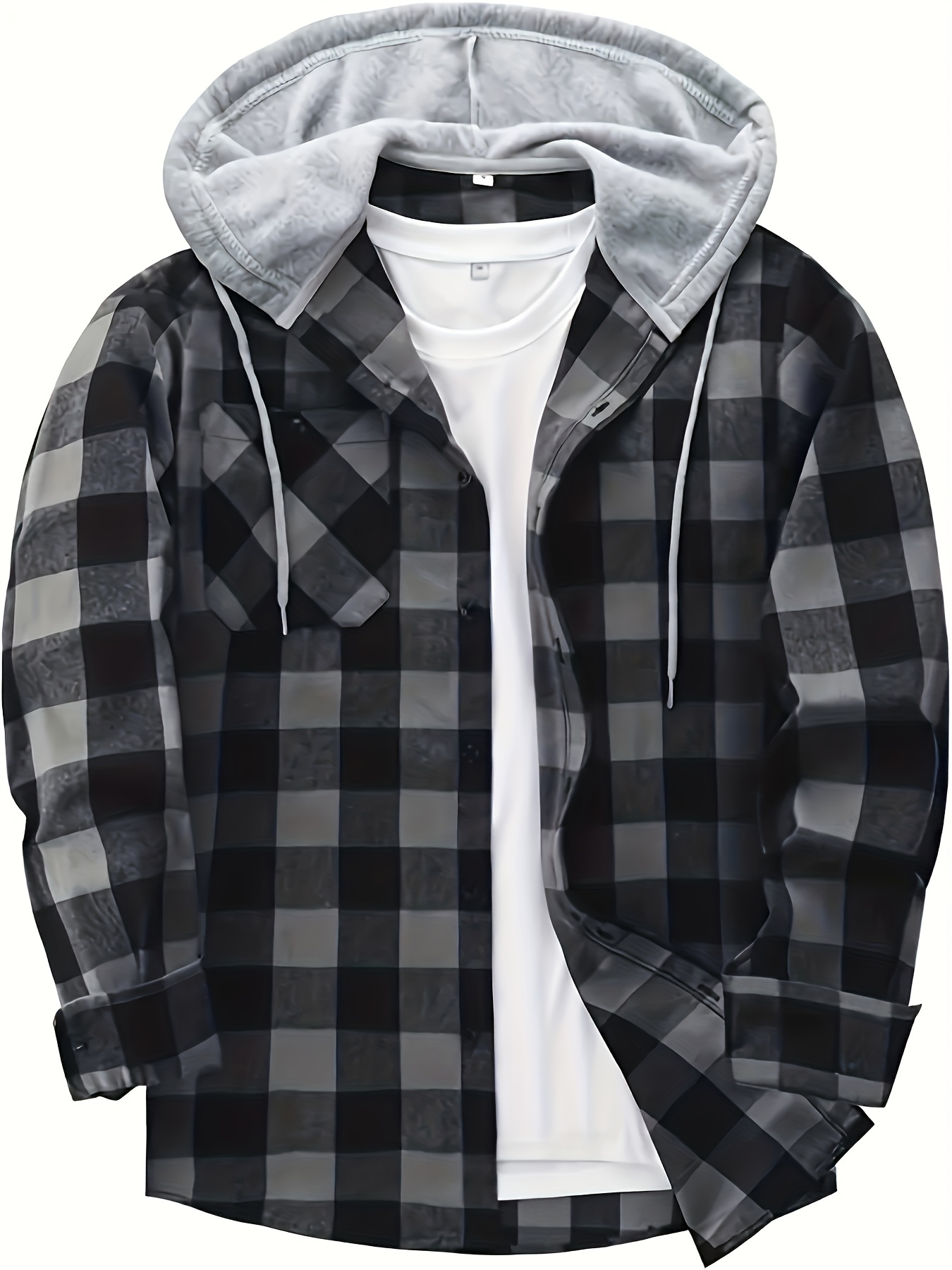 plaid pattern mens long sleeve hooded shirt jacket with chest pocket mens casual fall winter outwear details 0