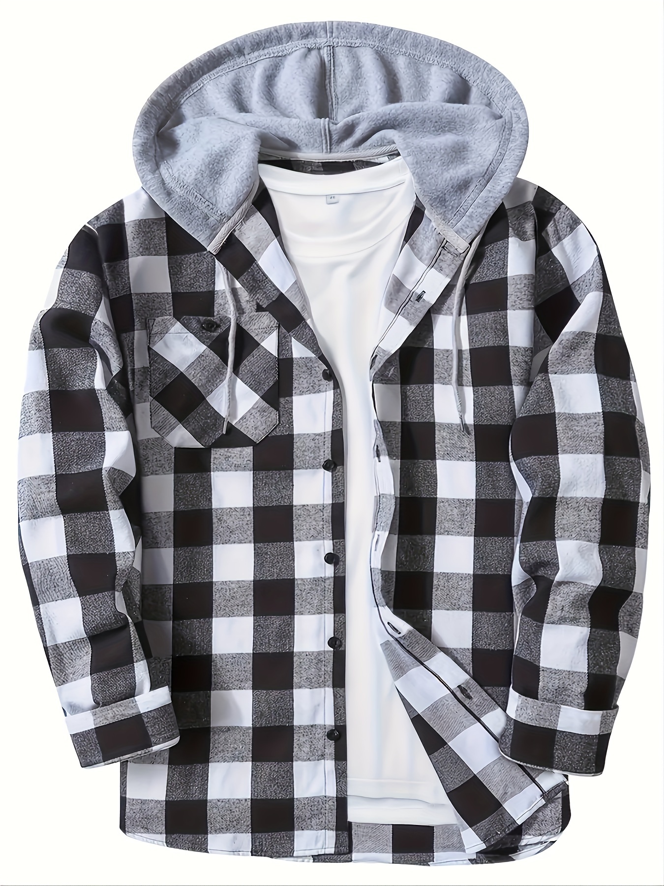 plaid pattern mens long sleeve hooded shirt jacket with chest pocket mens casual fall winter outwear details 5