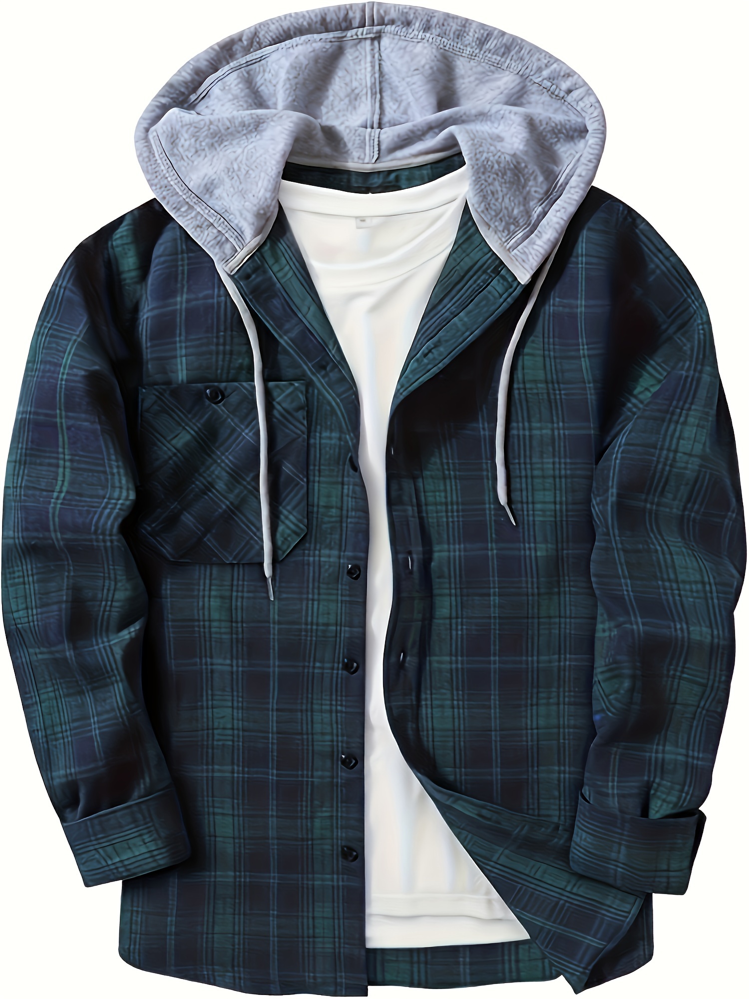 plaid pattern mens long sleeve hooded shirt jacket with chest pocket mens casual fall winter outwear details 10