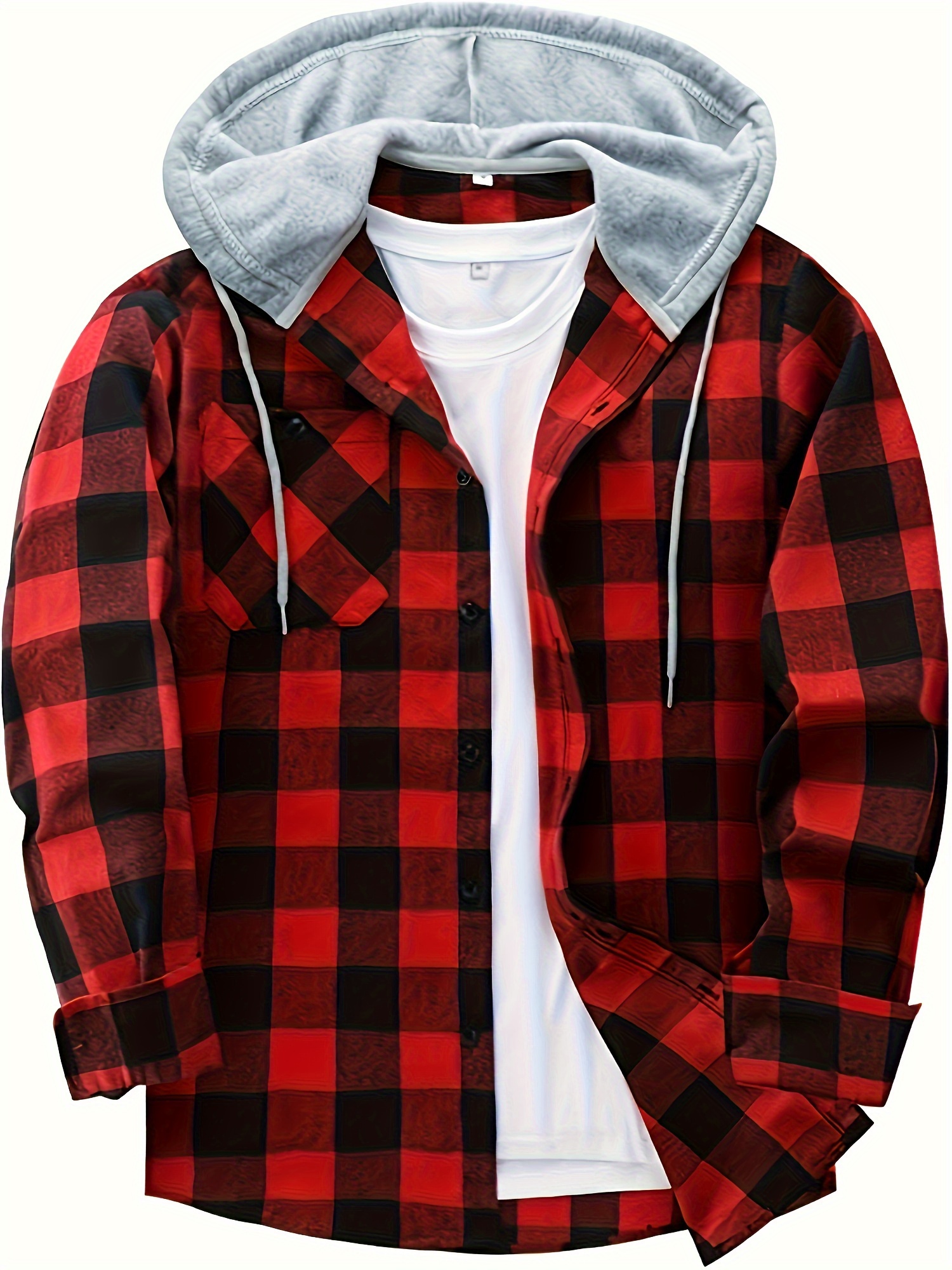 plaid pattern mens long sleeve hooded shirt jacket with chest pocket mens casual fall winter outwear details 30