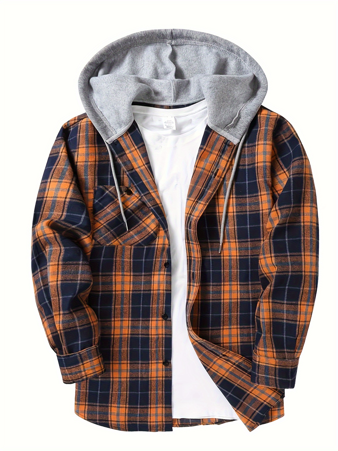 plaid pattern mens long sleeve hooded shirt jacket with chest pocket mens casual fall winter outwear details 35