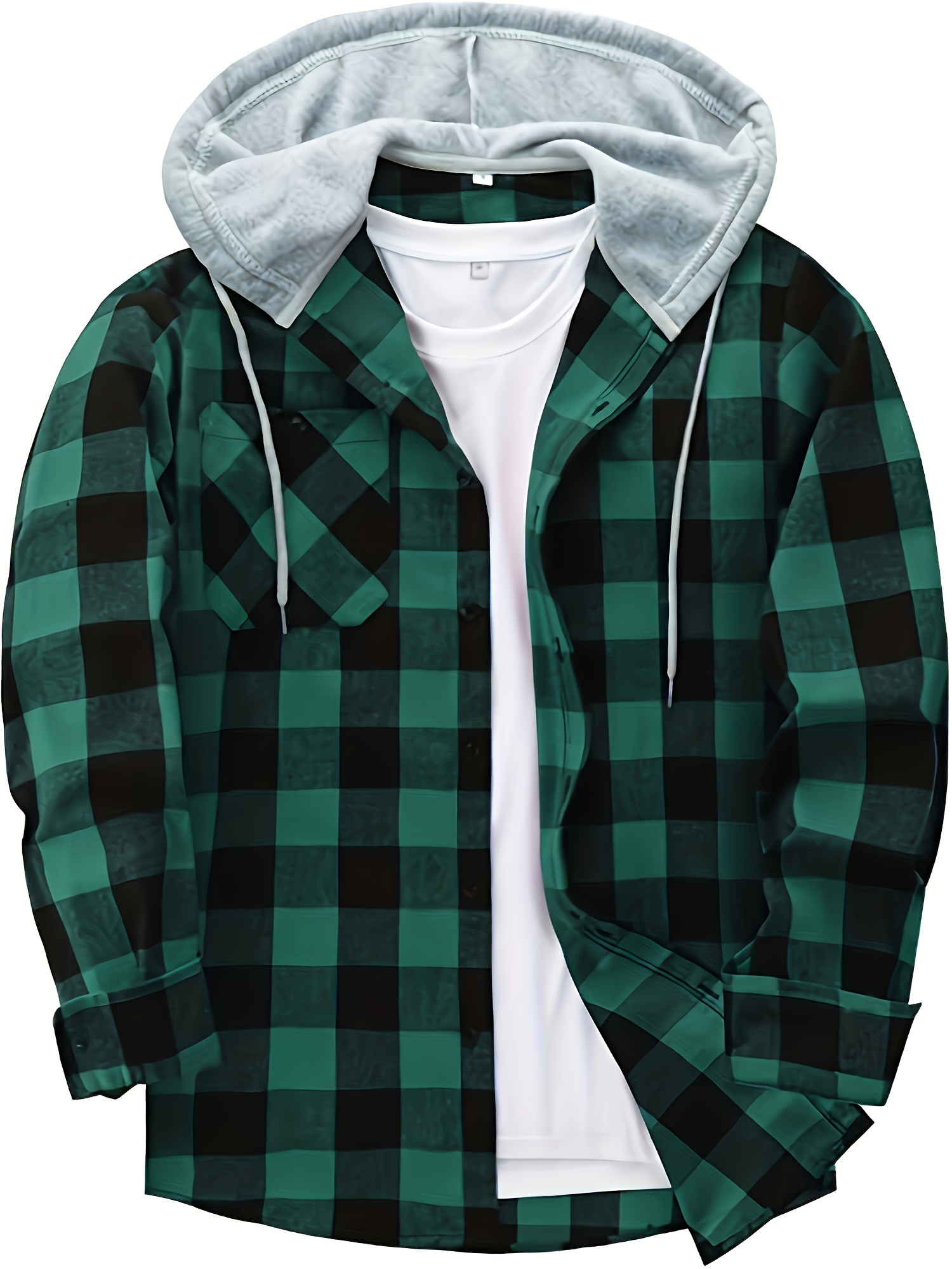 plaid pattern mens long sleeve hooded shirt jacket with chest pocket mens casual fall winter outwear details 41