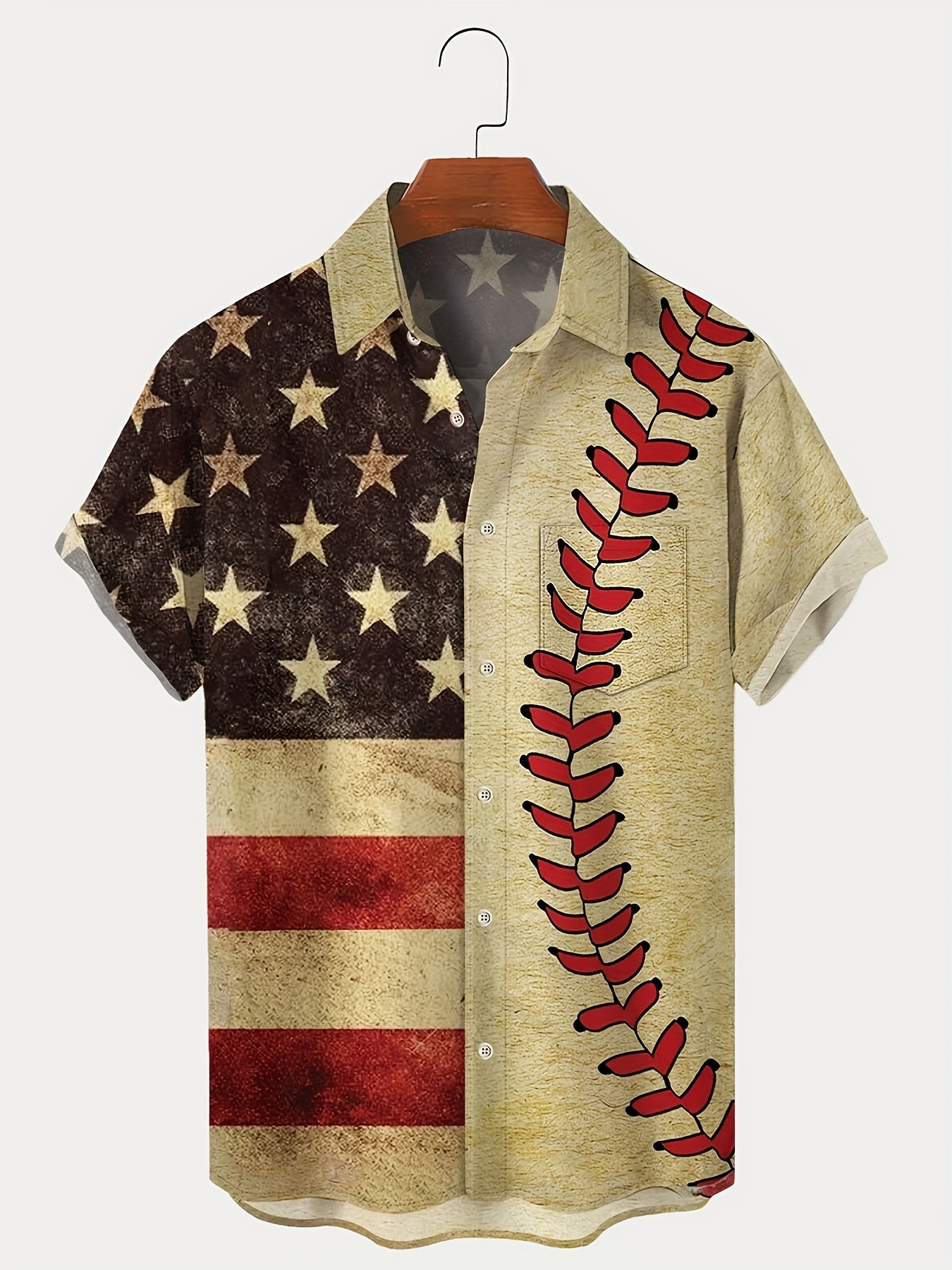 baseball themed flag digital print mens vintage short sleeve button down shirt with chest pocket summer outdoor details 1