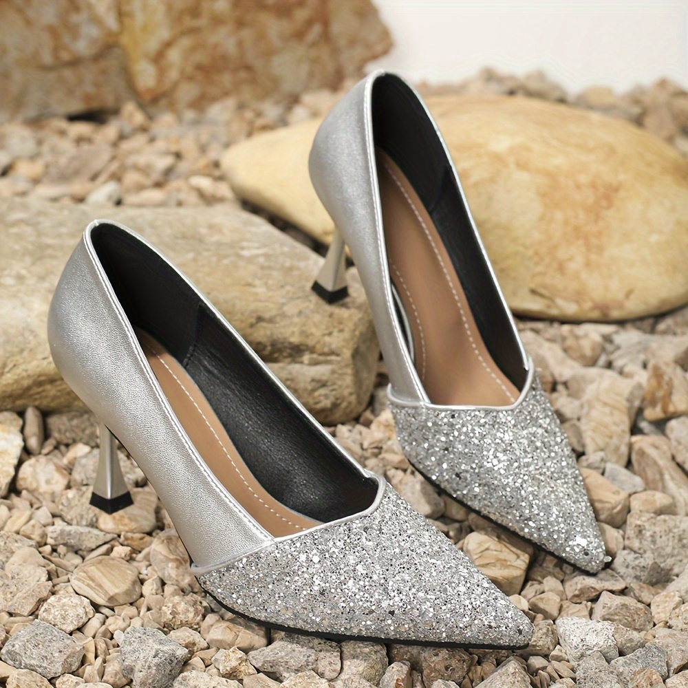 womens sequins decor shoes shallow mouth daily stiletto slip on shoes point toe glitter dress shoes details 2