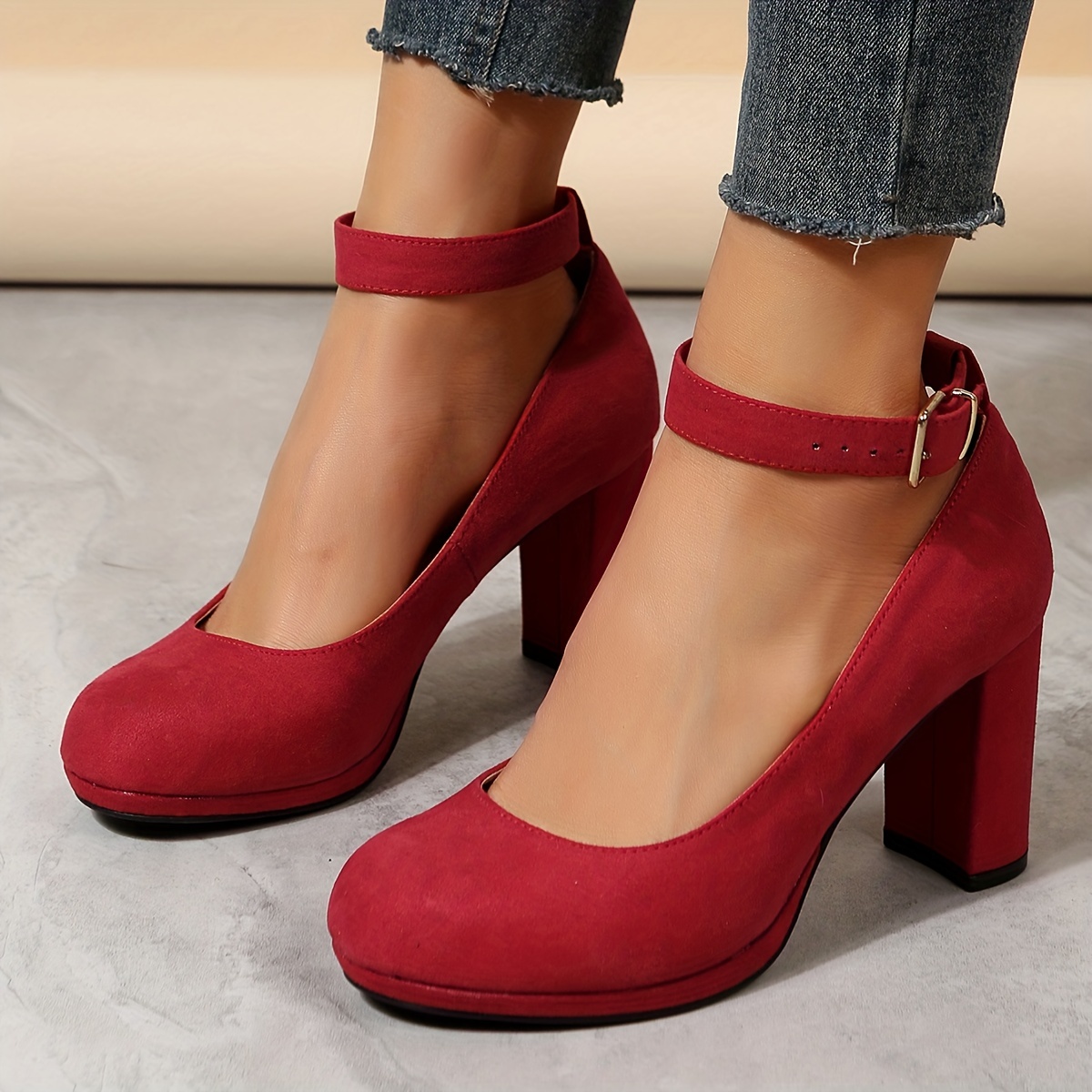 womens red block heels elegant solid color buckle strap pumps womens fashion pumps details 0