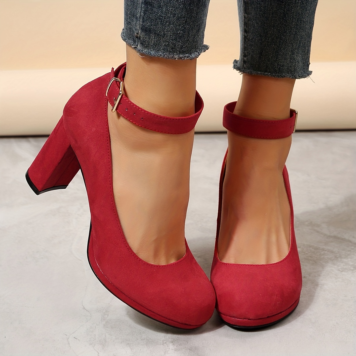 womens red block heels elegant solid color buckle strap pumps womens fashion pumps details 4