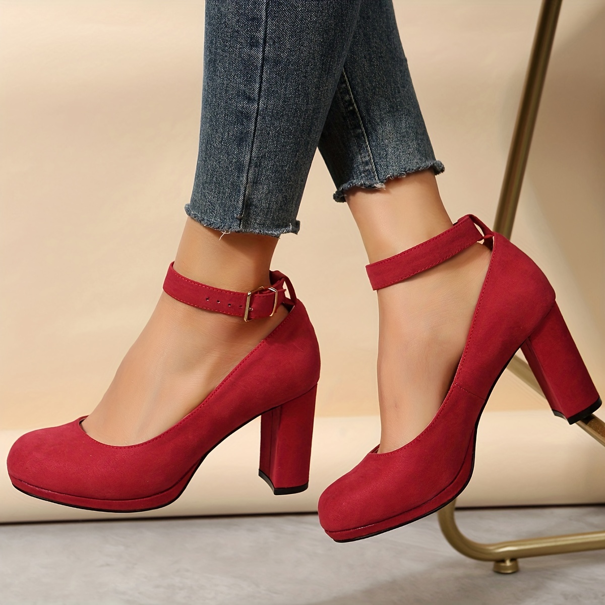 womens red block heels elegant solid color buckle strap pumps womens fashion pumps details 5