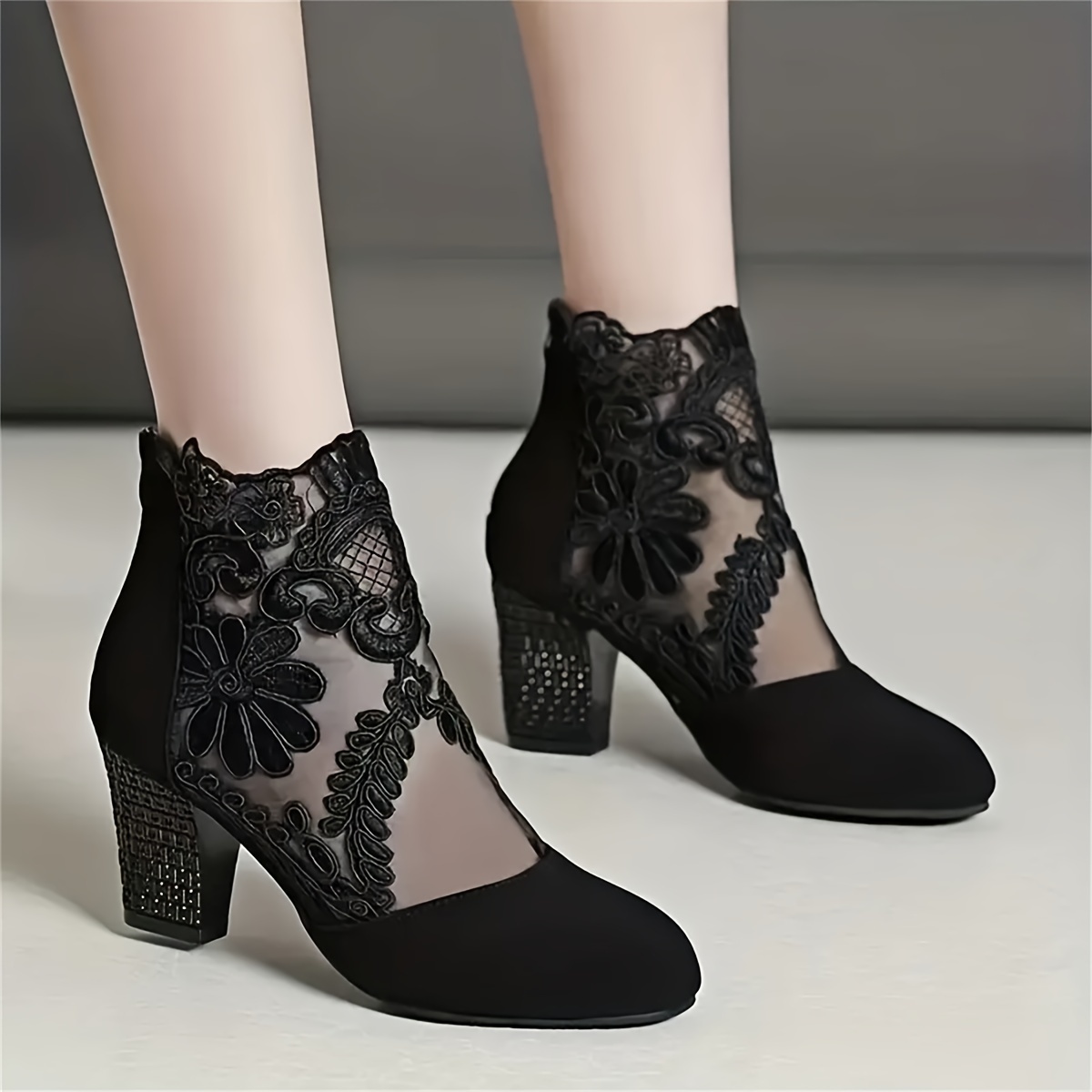 womens breathable lace mesh block heels fashion back zipper dress pumps stylish embroidery heels details 0