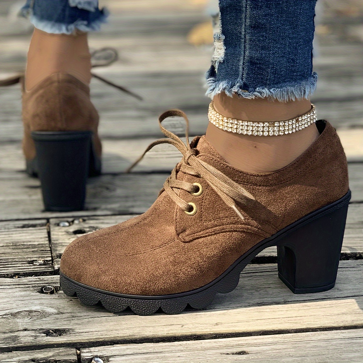 womens solid color platform shoes lace up shallow mouth casual chunky heels versatile round toe non slip pumps details 2