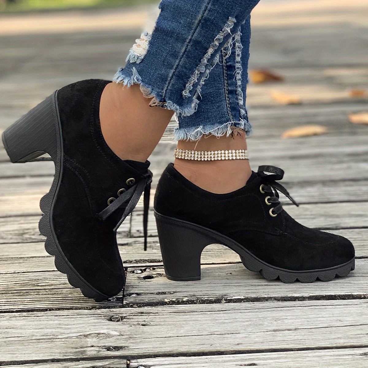 womens solid color platform shoes lace up shallow mouth casual chunky heels versatile round toe non slip pumps details 5