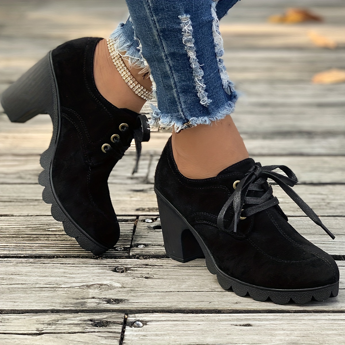 womens solid color platform shoes lace up shallow mouth casual chunky heels versatile round toe non slip pumps details 7