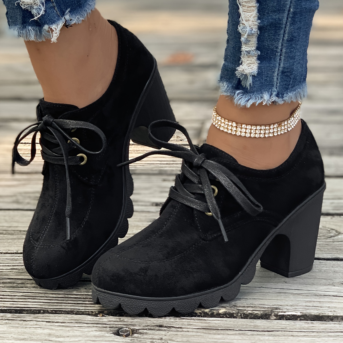 womens solid color platform shoes lace up shallow mouth casual chunky heels versatile round toe non slip pumps details 8