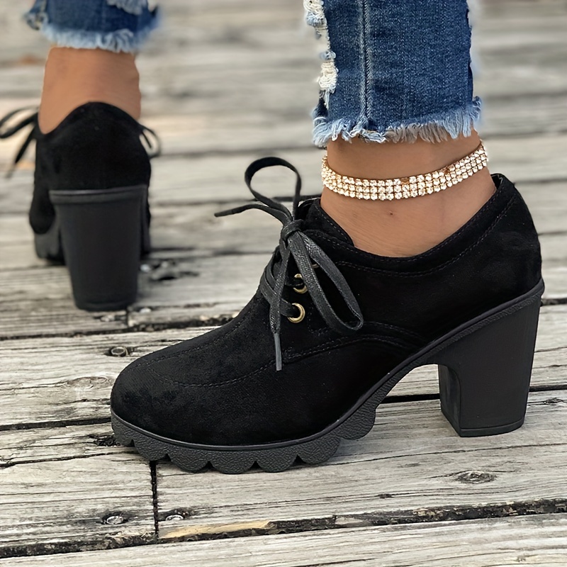 ankle boots, womens lace up ankle boots casual solid color chunky heeled booties round toe high heeled short boots details 4