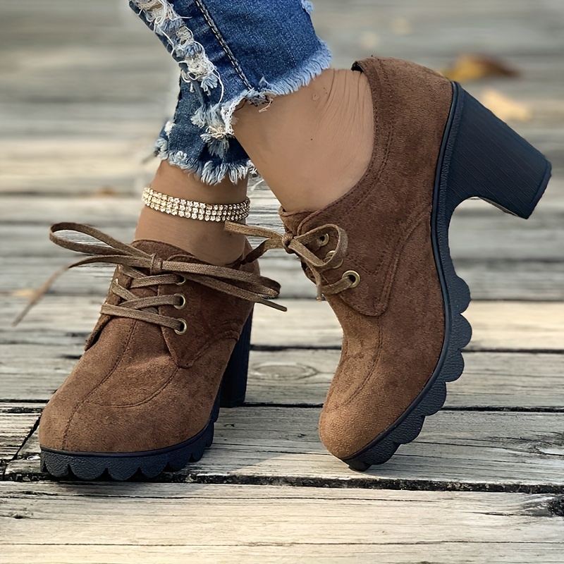 ankle boots, womens lace up ankle boots casual solid color chunky heeled booties round toe high heeled short boots details 6