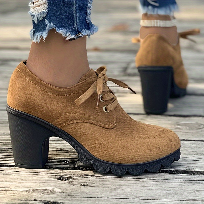 ankle boots, womens lace up ankle boots casual solid color chunky heeled booties round toe high heeled short boots details 9