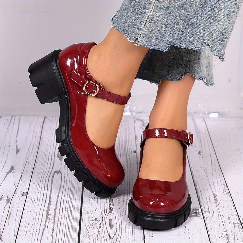 womens chunky heel shoes solid color round toe buckle strap patent leather shoes versatile dress mid heels details 0