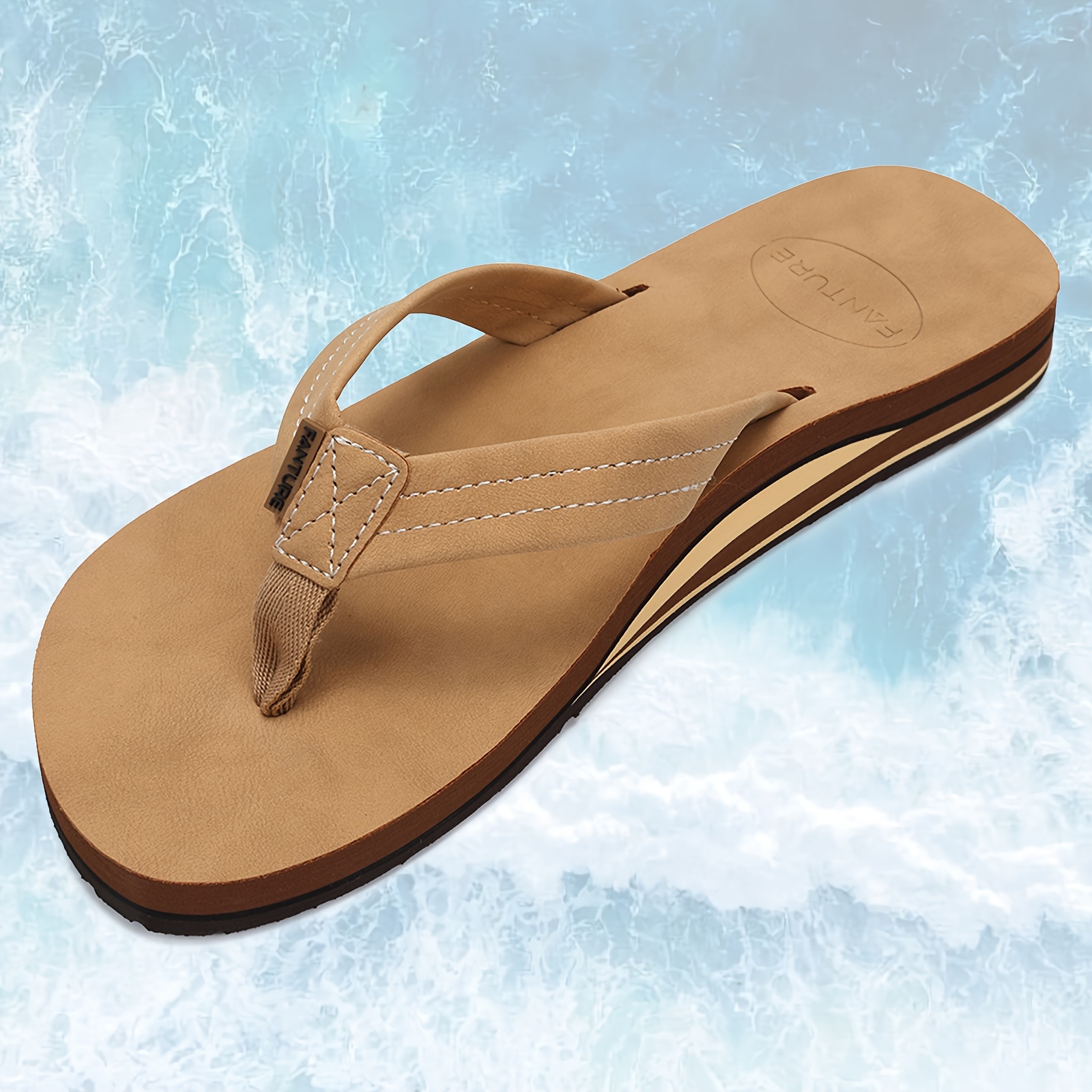 mens solid thong sandals with pu leather uppers casual non slip flip flops sandals for indoor outdoor walking beach shoes for spring and summer details 0