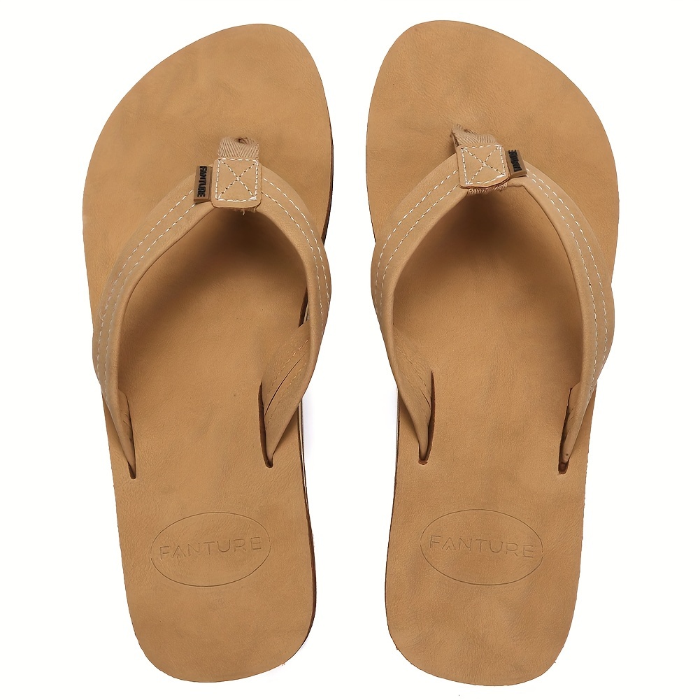 mens solid thong sandals with pu leather uppers casual non slip flip flops sandals for indoor outdoor walking beach shoes for spring and summer details 1